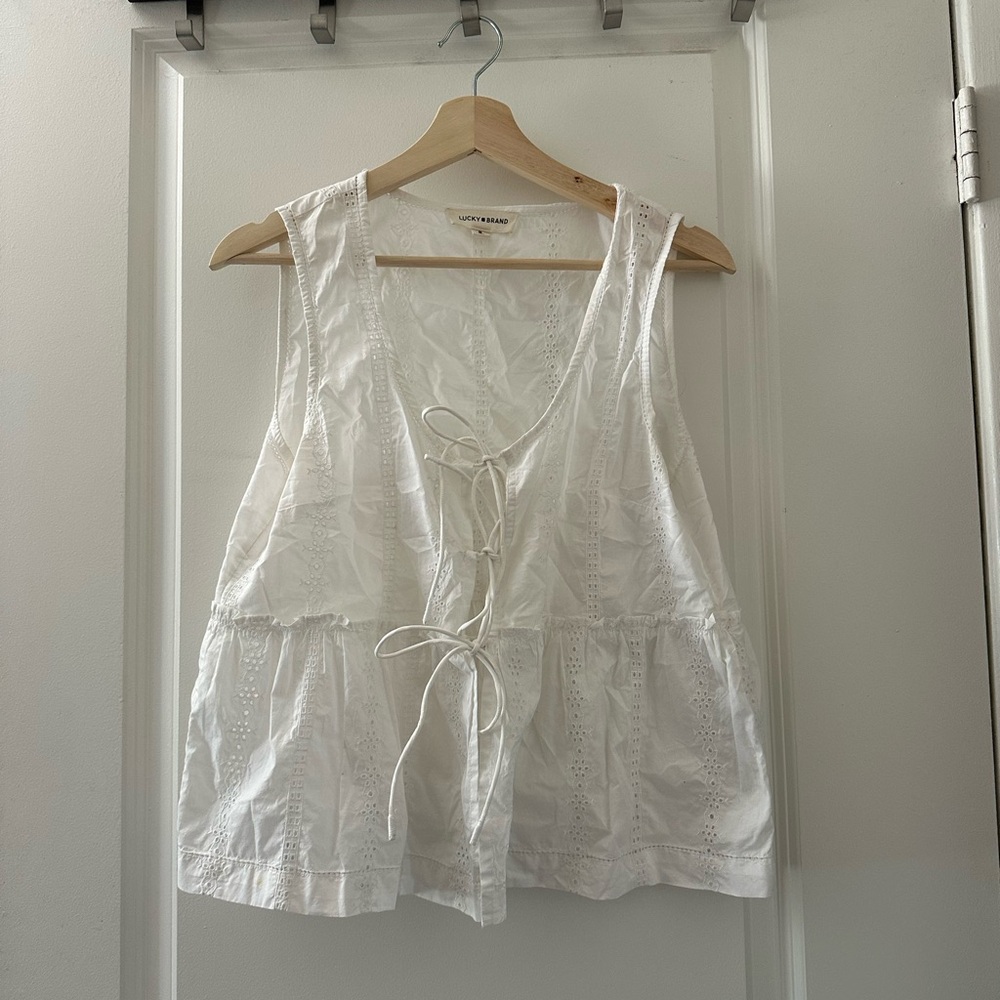LuckyBrand White Lace-Up Eyelet Blouse